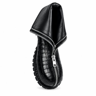 Big Toe Crocodile Embossed Leather Boots Men Double Zipper Chunky Heels Combat Boots Round Toe Ankle Boots for Men