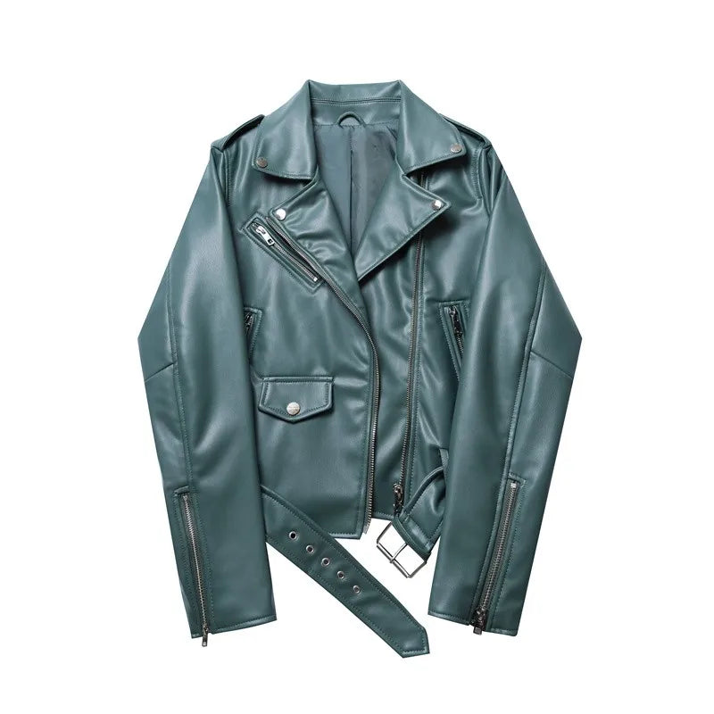 Women Spring and Autumn new candy color handsome motorcycle belt Detachable epaulettes motorcycle jacket leather jack