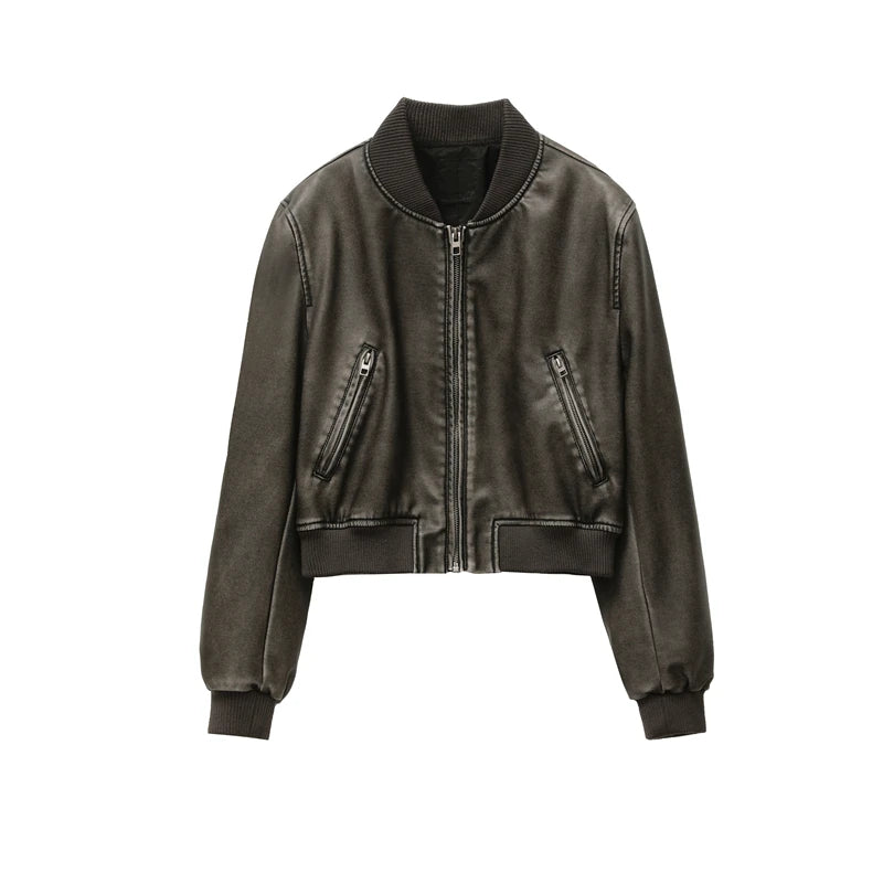 Women's  new vintage imitation leather bomber jacket coat top women's style