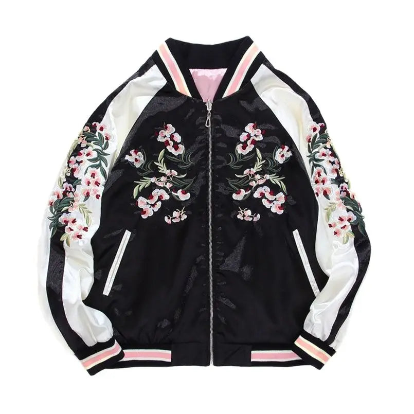 Women's Satin Sukajan Embroidered Baseball Jacket 2 Double Sided Female Coat Floral Harajuku Autumn Japanese Girls Z1A1