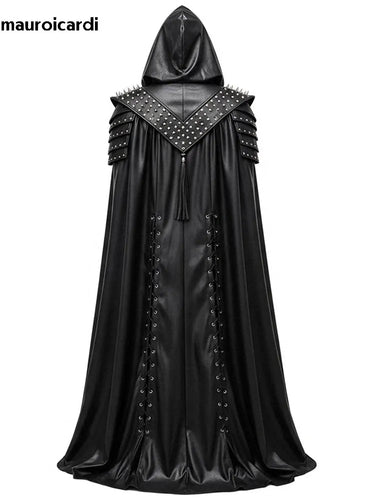 Mauroicardi Spring Autumn Extra Long Studded Black Pu Leather Poncho Overcoat Men with Hood Medieval Lace Up Luxury Cloak
