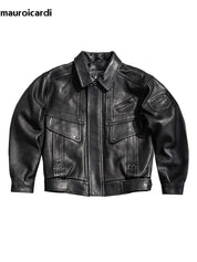 Mauroicardi Spring Autumn Cool Handsome Short Hard Black Pu Leather Motorcycle Jacket Men Long Sleeve Luxury Designer Clothes