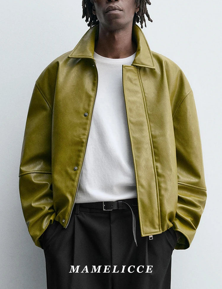 MAMELICCE Original design Loose faux leather stand-up collar jacket PU simple leather coat stylish jacket men's clothing tops