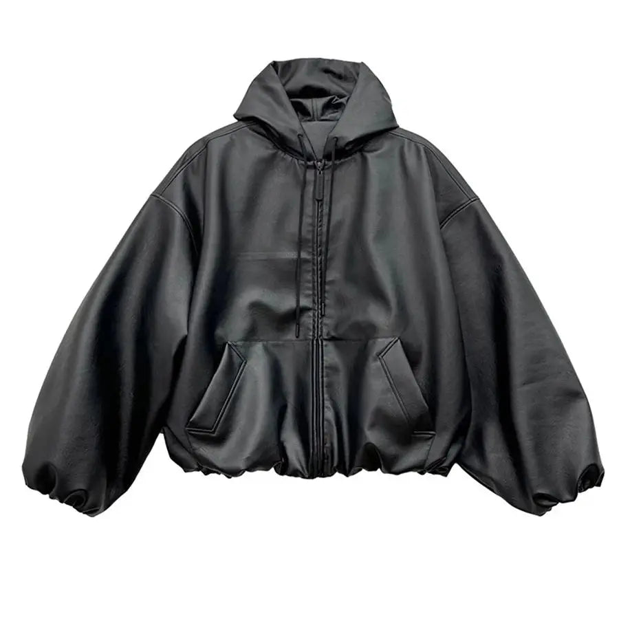 Mauroicardi Spring Autumn Short Oversized Black Soft Pu Leather Jacket Men with Hood Zipper Loose Casual Korean Fashion Clothes