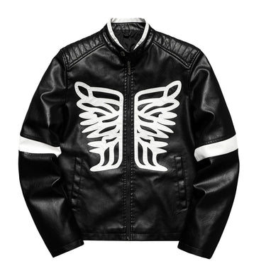 Men's Wing Patched PU Leather Motorcycle Jacket Dual Collar Hip Hop Punk Vintage Streetwear Casual Outerwear