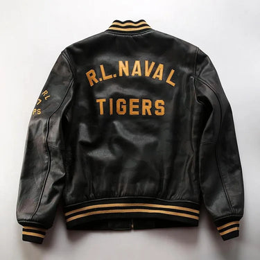 Men's top quality stand collar real leather jacket baseball tiger embroidery Fashion leisure first layer  cowhide leather coat