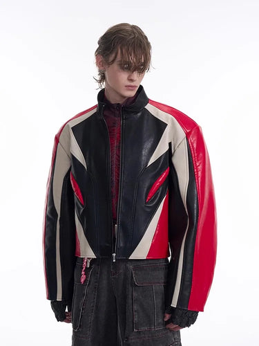 Mauroicardi Spring Autumn Cool Short Color Block Pu Leather Racer Jacket Men Shoulder Pads Zip Up Luxury Designer Clothes 2025