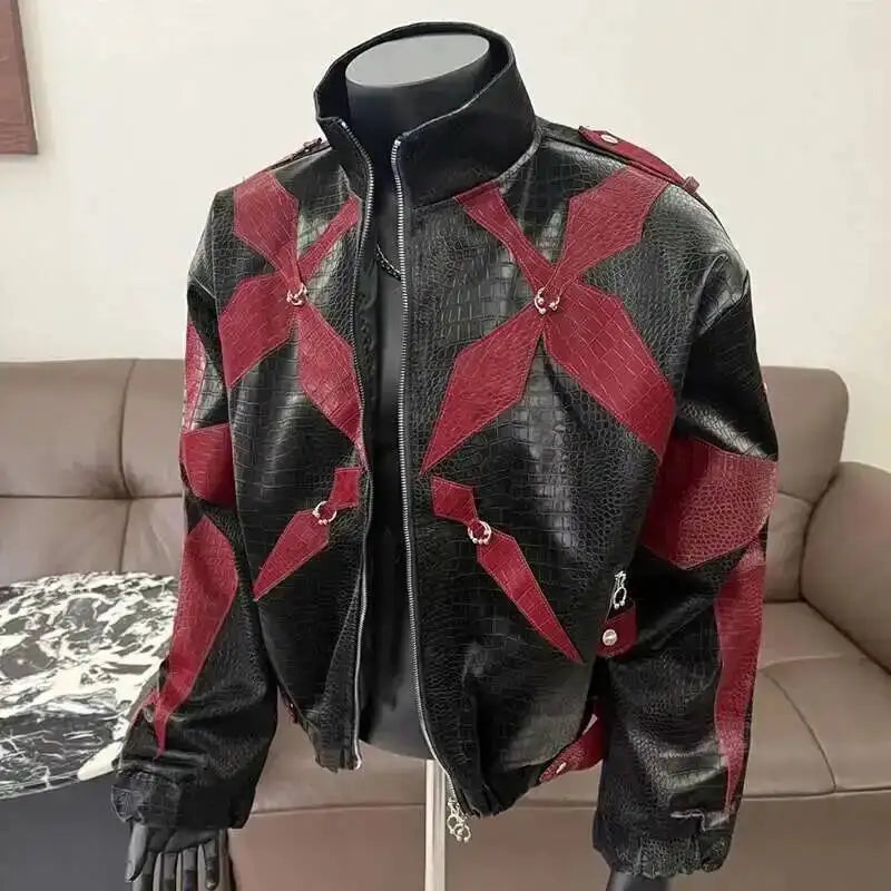 PFHQ Men's PU Leather Jacket Trend New Zipper Stand Collar Contrast Color High Street Coats Fashion Menswear 21E2807