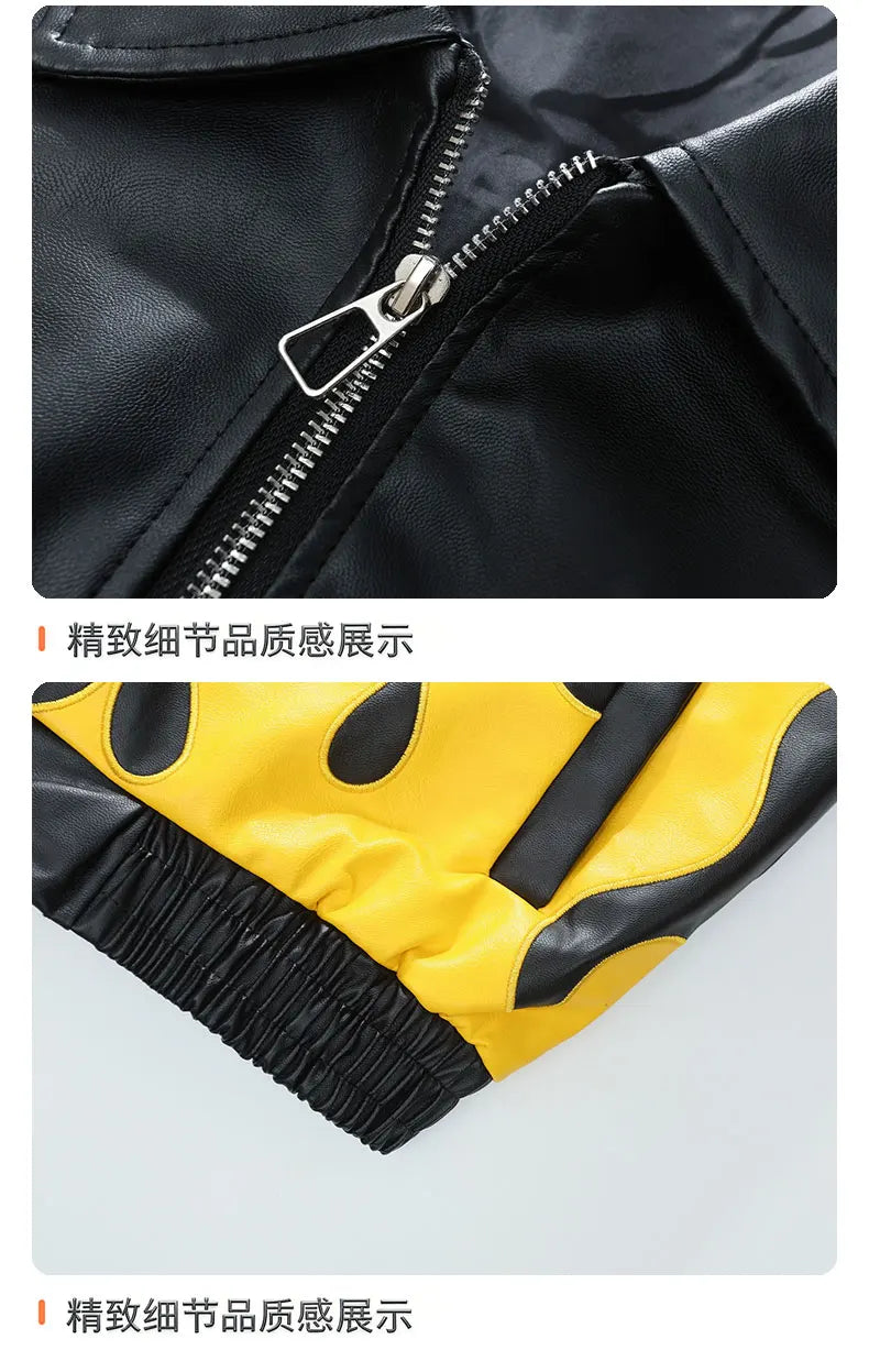 Fall new style heavy-duty embroidered American loose-fitting leather jacket flame coat racing suit for men and women