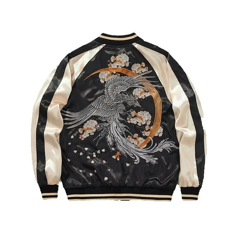 Satin Baseball Jacket Men Women Sukajan Phoenix Embroidery Coat Hiphop Boys Harajuku Clothing Spring Streetwear D023A1
