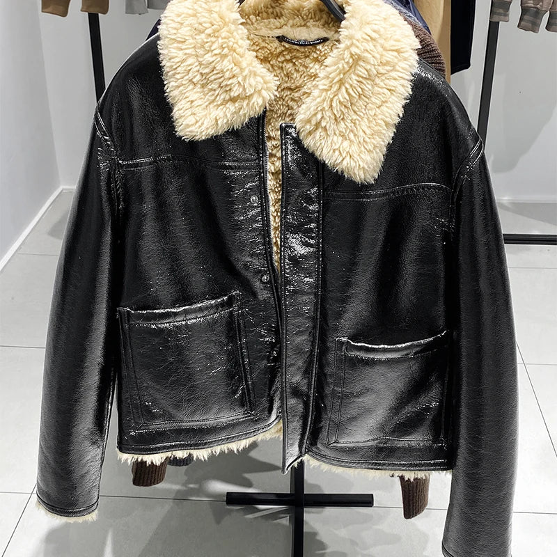 Men Thicken Fleece Warm Velvet PU Jacket Double Sided Leather Effect Coat