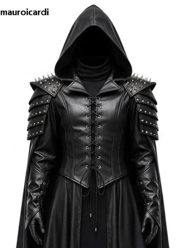 Mauroicardi Spring Autumn Extra Long Studded Black Pu Leather Poncho Overcoat Men with Hood Medieval Lace Up Luxury Cloak