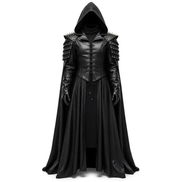Mauroicardi Spring Autumn Extra Long Studded Black Pu Leather Poncho Overcoat Men with Hood Medieval Lace Up Luxury Cloak