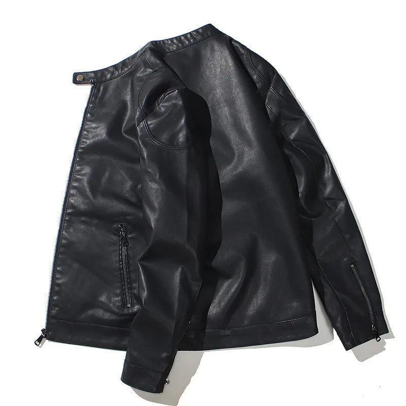 Men's Retro Style PU Biker Jacket Casual Solid Color Zip up Stand Collar Faux Leather Spring Fall Outerwear