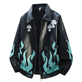 Fall new style heavy-duty embroidered American loose-fitting leather jacket flame coat racing suit for men and women