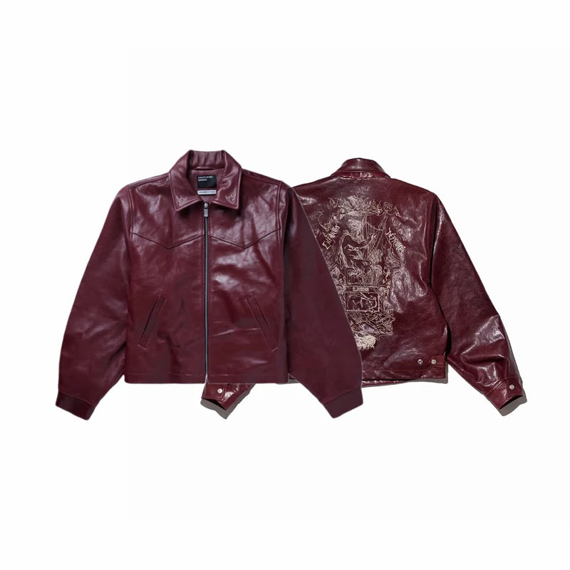 Embroidered Printed Leather Jacket High-quality Burgundy Loose Casual High Street Men's Women's Jackets