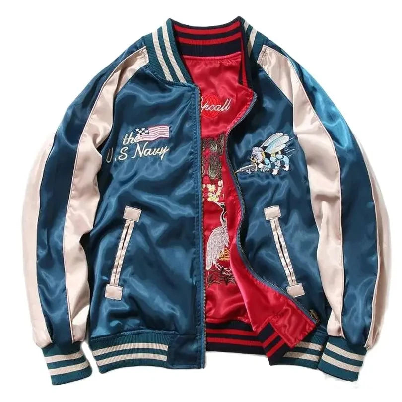 Satin Embroidered Bomber Jacket Men Women Couple Wear Coat Korean Oversize Sukajan Retro Spring Autumn 2025 Z1A1