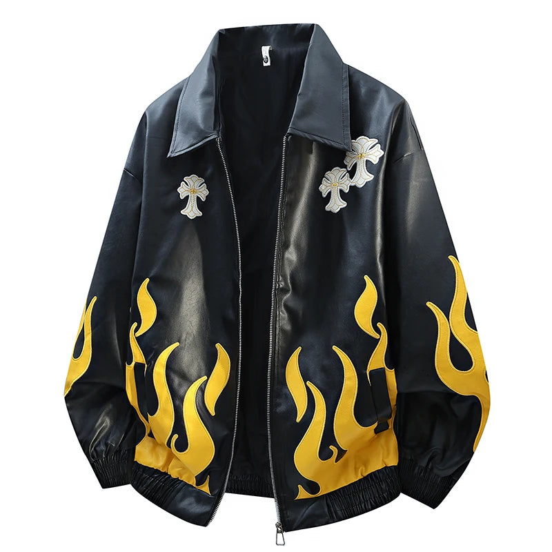 Fall new style heavy-duty embroidered American loose-fitting leather jacket flame coat racing suit for men and women
