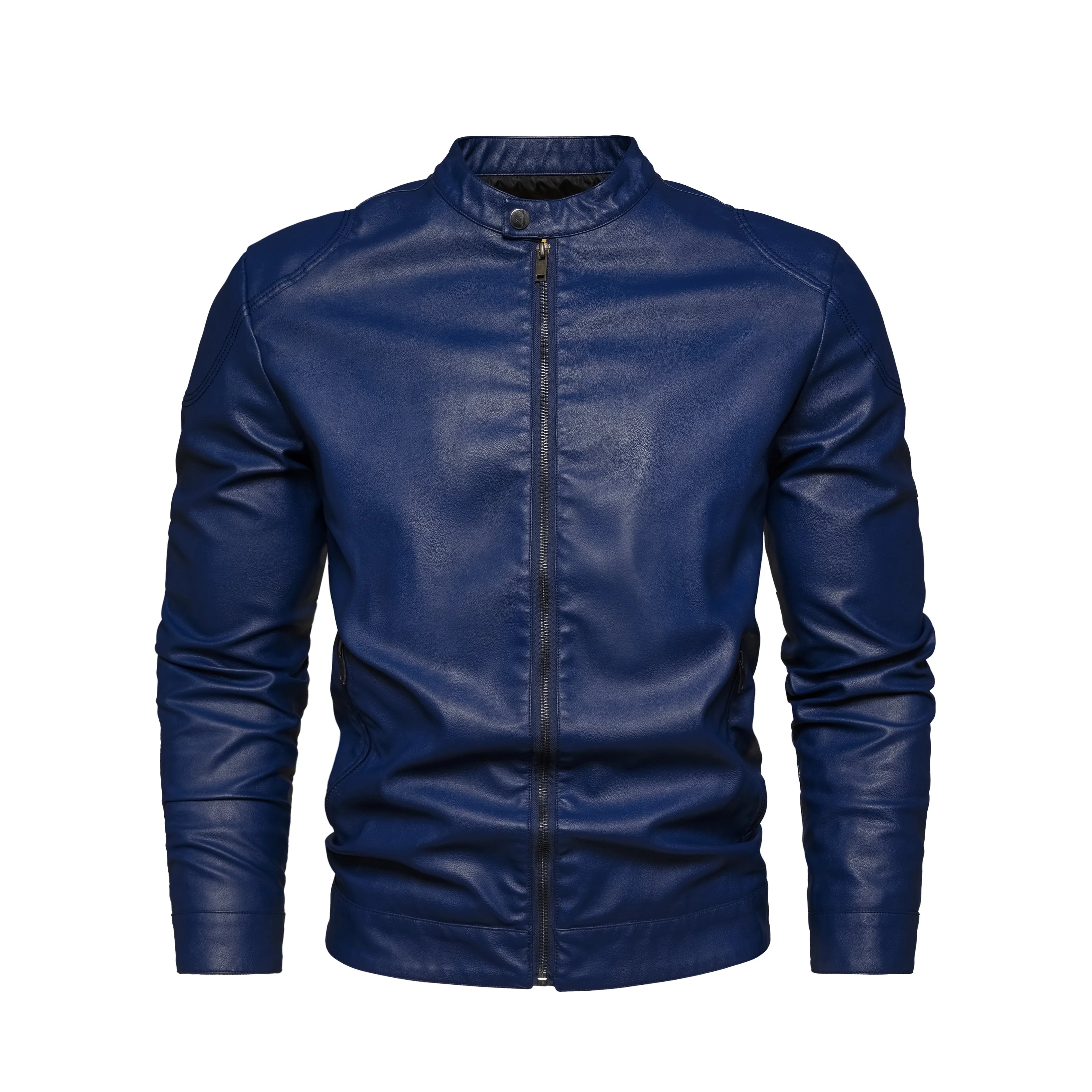 Men's Retro Style PU Biker Jacket Casual Solid Color Zip up Stand Collar Faux Leather Spring Fall Outerwear