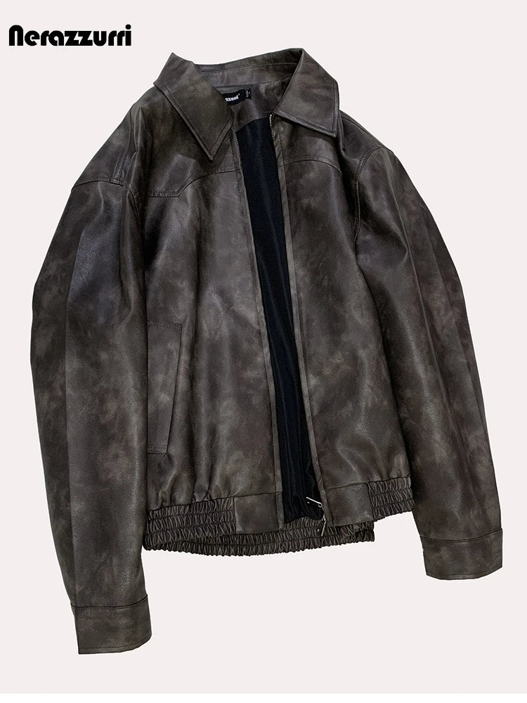 Nerazzurri Spring Autumn Short Distressed Brown Pu Leather Jacket Men Zipper Turn-Down Collar Casual American Vintage Menswear