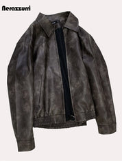 Nerazzurri Spring Autumn Short Distressed Brown Pu Leather Jacket Men Zipper Turn-Down Collar Casual American Vintage Menswear
