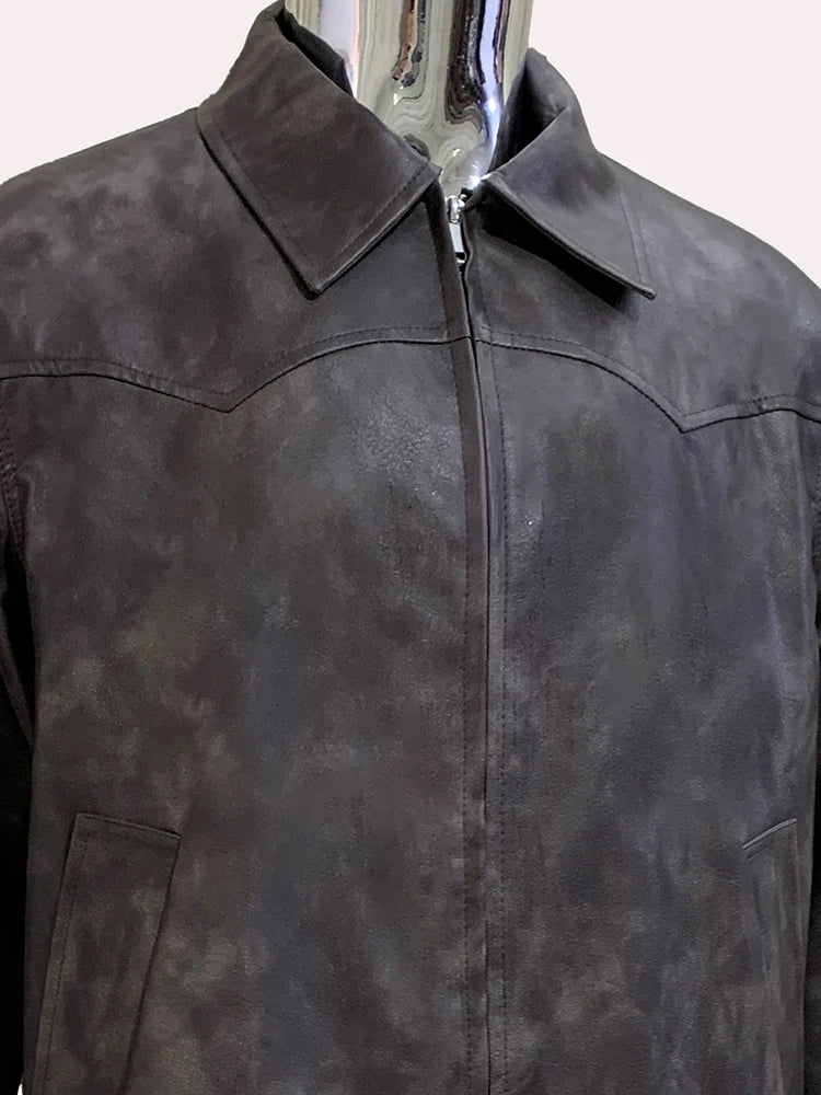Nerazzurri Spring Autumn Short Distressed Brown Pu Leather Jacket Men Zipper Turn-Down Collar Casual American Vintage Menswear