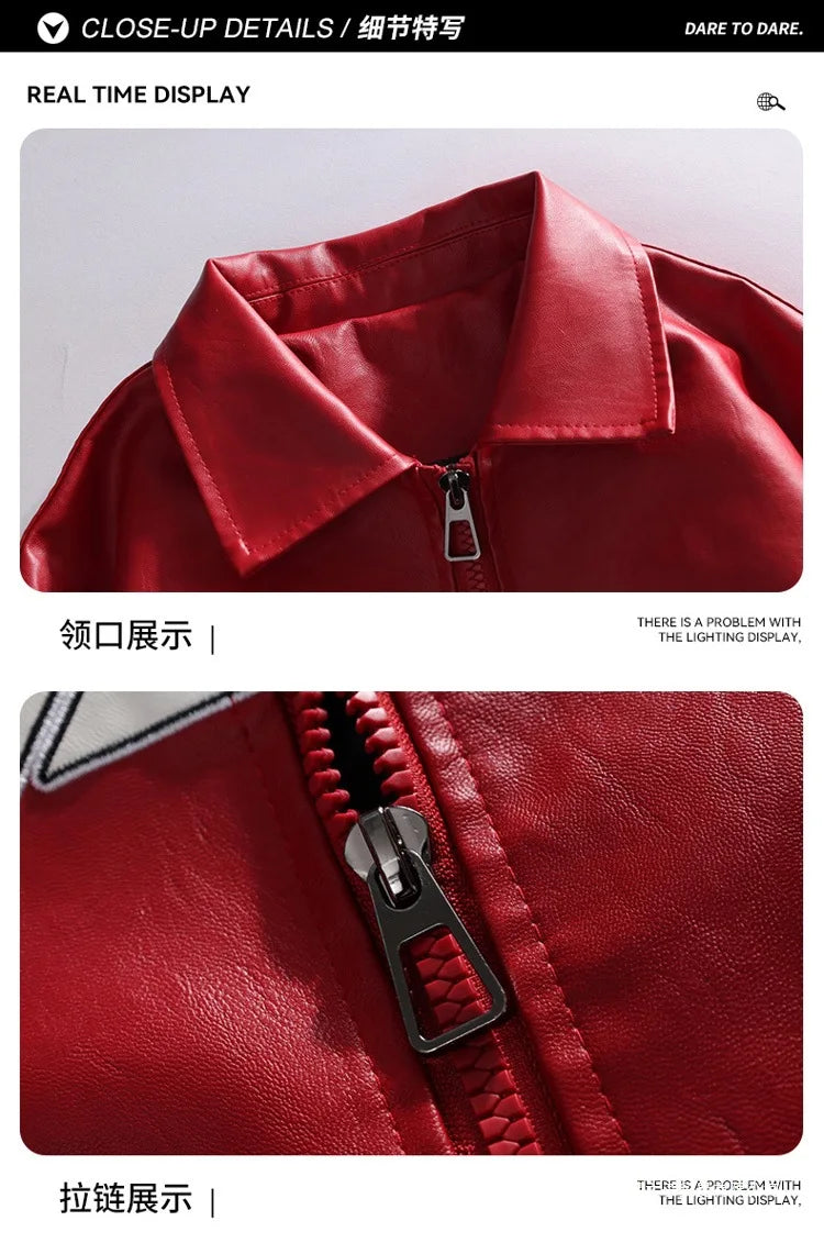 Fashion Leather Jacket Men Motorcycle Biker Jacket Man Original Patchwork Coat Baggy Letter Embroidery Designer Clothes Red