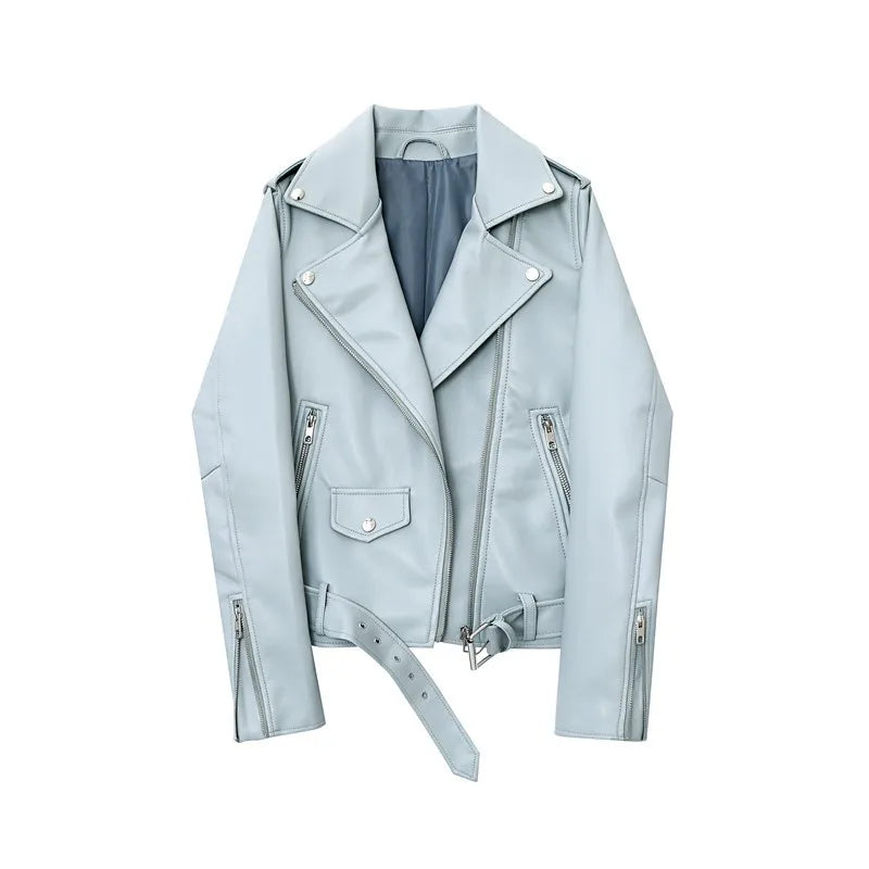 Women Spring and Autumn new candy color handsome motorcycle belt Detachable epaulettes motorcycle jacket leather jack
