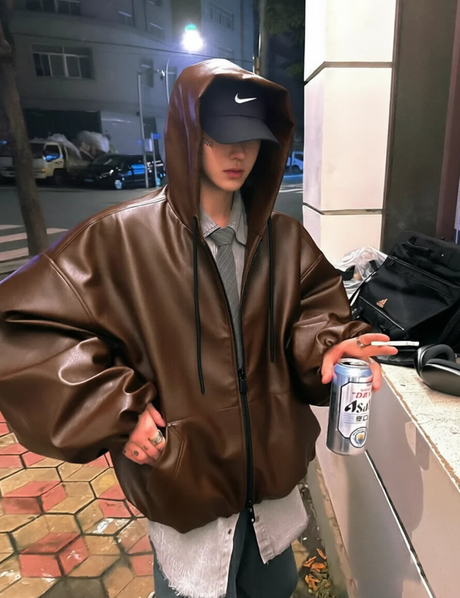 Mauroicardi Spring Autumn Short Oversized Black Soft Pu Leather Jacket Men with Hood Zipper Loose Casual Korean Fashion Clothes