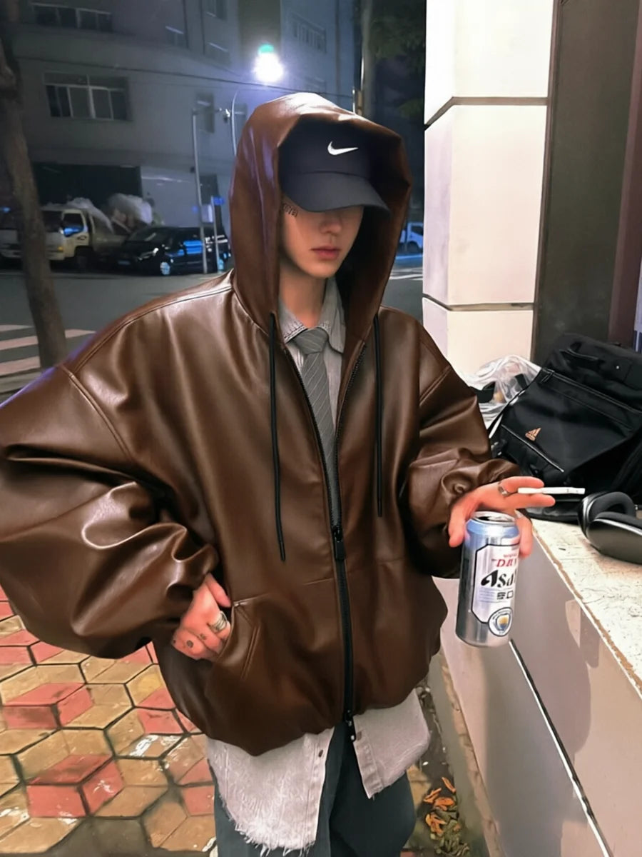 Mauroicardi Spring Autumn Short Oversized Black Soft Pu Leather Jacket Men with Hood Zipper Loose Casual Korean Fashion Clothes