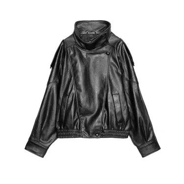 Spring Black Women Faux Leather Jacket Cool Stand Collar Long Sleeve Zipper Pockets Coat Chic Motorcycle Streetwear Clothing