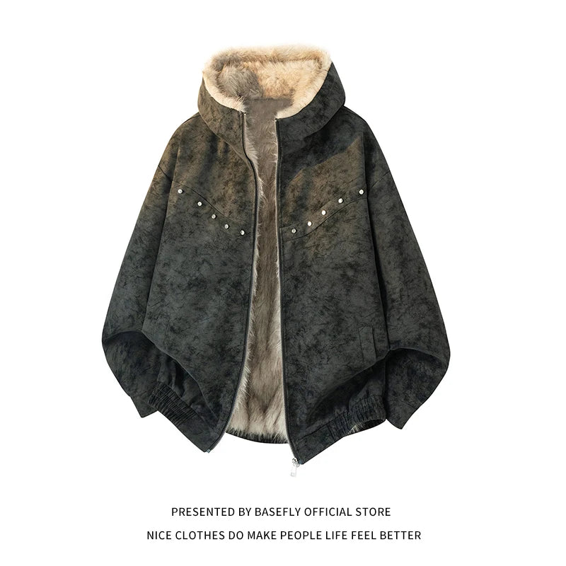 Winter Thick Warm Fleece Cowboy Motorcycle Men Varsity Jacket Bomber Coat Unisex Rock Star Women Oversize Retro Old School