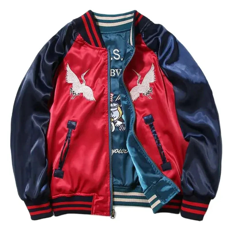 Satin Embroidered Bomber Jacket Men Women Couple Wear Coat Korean Oversize Sukajan Retro Spring Autumn 2025 Z1A1