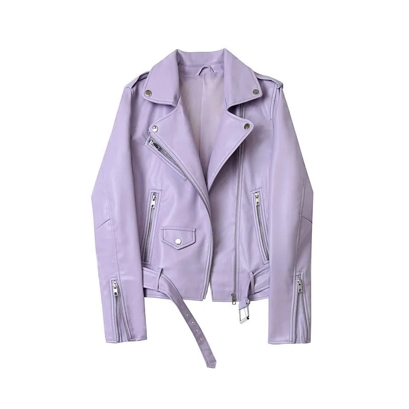 Women Spring and Autumn new candy color handsome motorcycle belt Detachable epaulettes motorcycle jacket leather jack