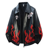 Fall new style heavy-duty embroidered American loose-fitting leather jacket flame coat racing suit for men and women