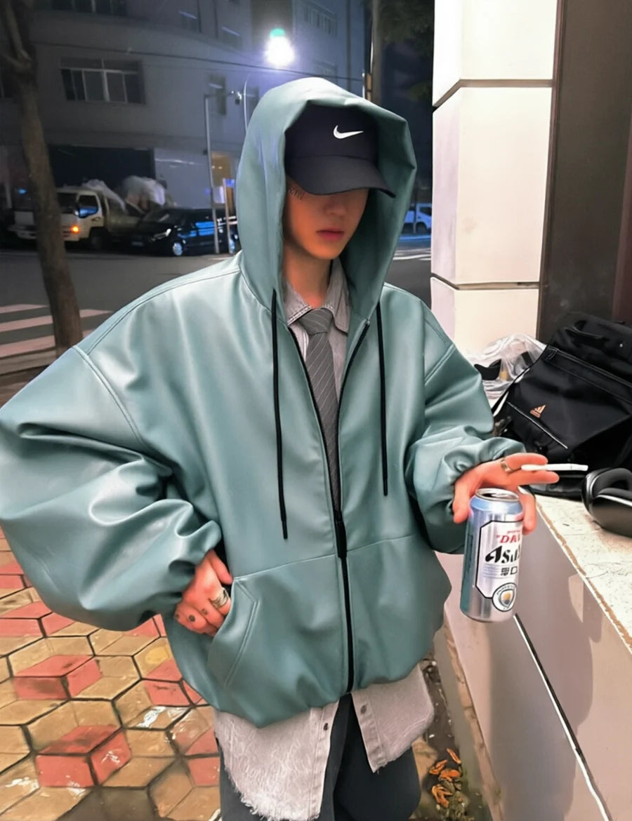 Mauroicardi Spring Autumn Short Oversized Black Soft Pu Leather Jacket Men with Hood Zipper Loose Casual Korean Fashion Clothes