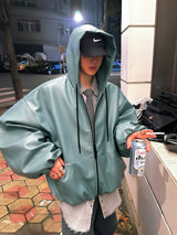 Mauroicardi Spring Autumn Short Oversized Black Soft Pu Leather Jacket Men with Hood Zipper Loose Casual Korean Fashion Clothes